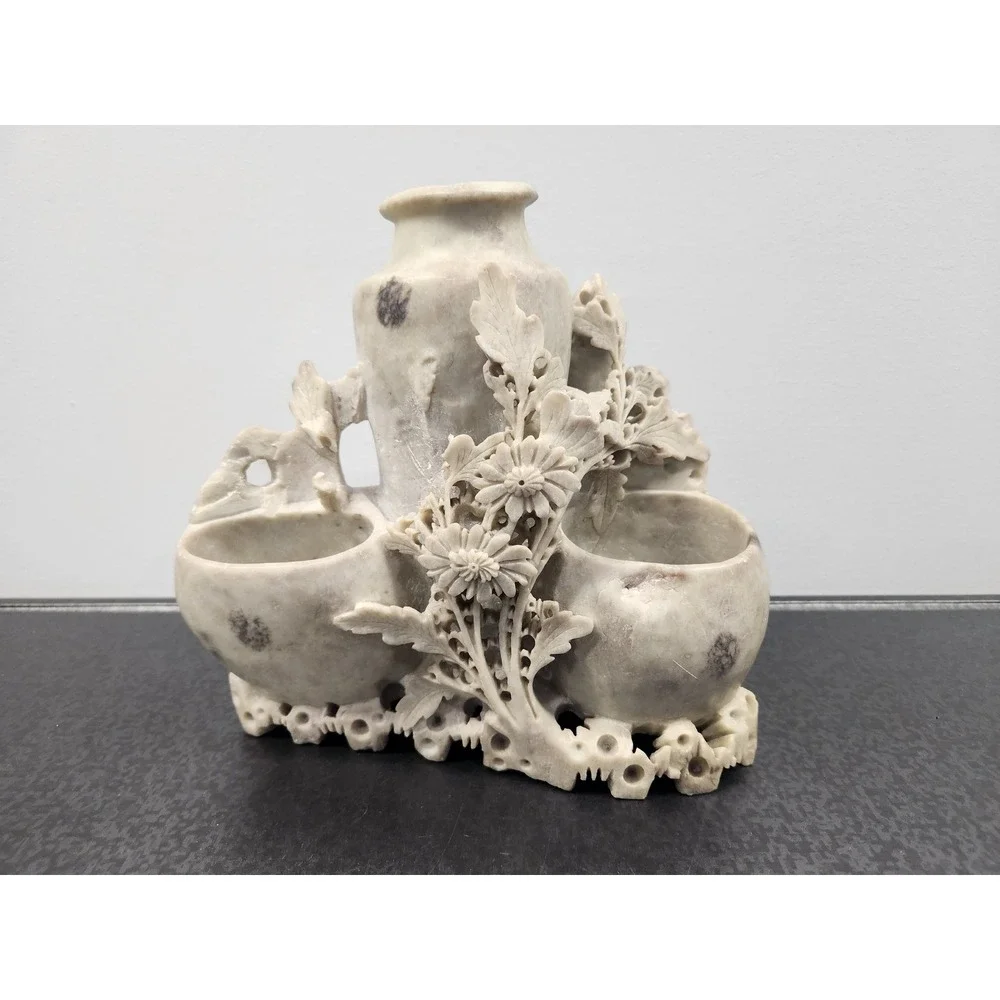 Vintage Hand Carved Soapstone Chinese Floral Triple Vase Sculpture Grey